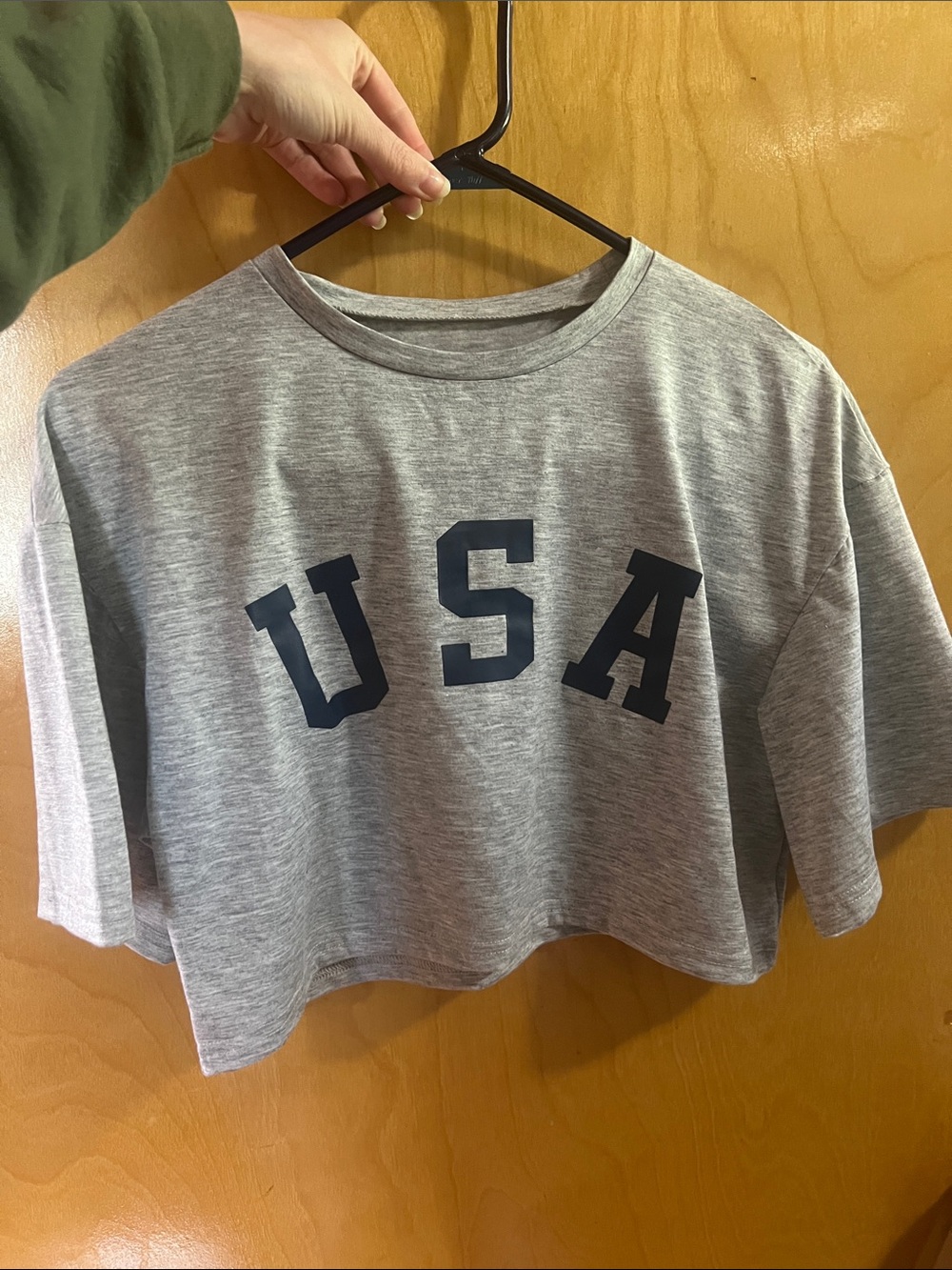 Gray USA Cropped Tee with Navy Lettering